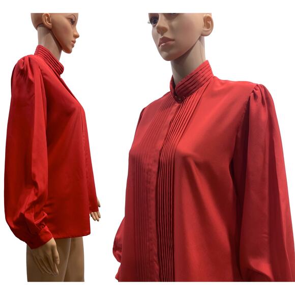 Vintage 70s Red High Collar Secretary Blouse with Pleats | M/L - Picture 3 of 8
